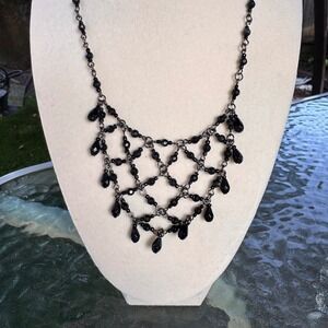 1928 Jewelry Black Beaded Bib Necklace Dangle‎ Drop Elegant Party Black Metal